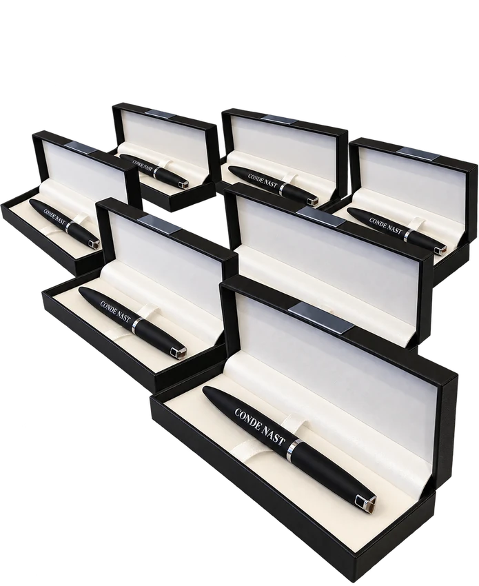 Plumas en estuches personalizadas con tampografía